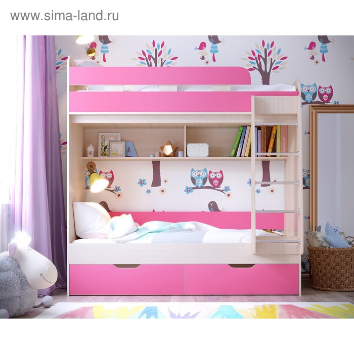 Детская двухъярусная кровать Юниор-5 дуб молочный/розовый