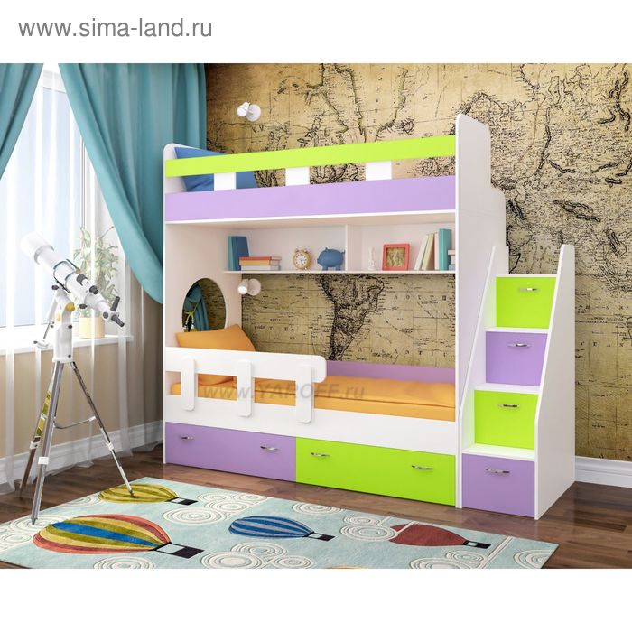 Двухъярусная кровать Ярофф Юниор-1 800х1900 Белое дерево Ирис лайм с бортиком